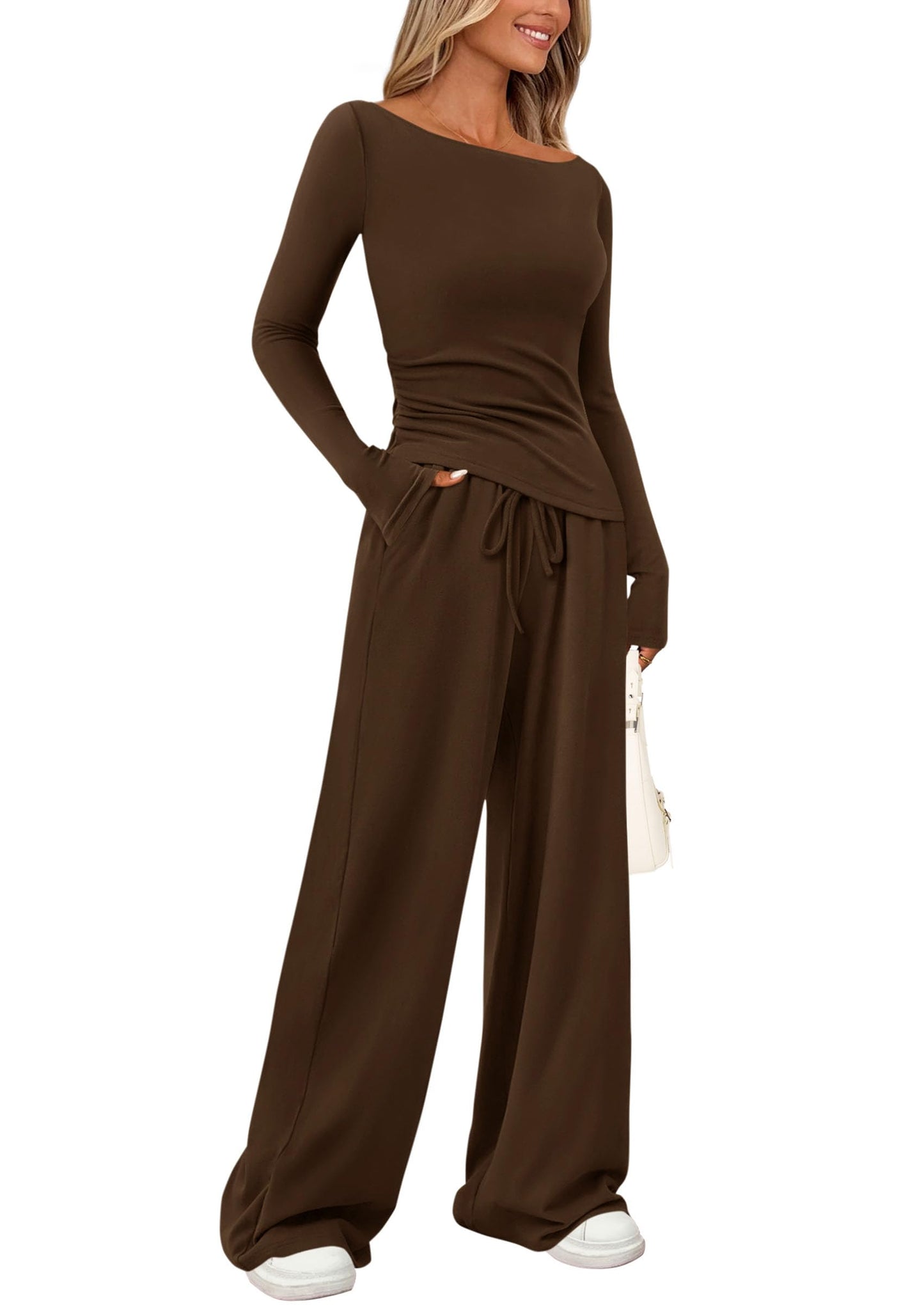PRETTYGARDEN Women's 2 Piece Lounge Sets Asymmetrical Long Sleeve T Shirt Wide Leg Pants Casual Outfits Tracksuit