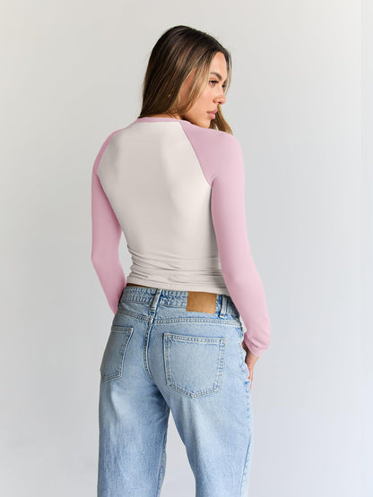 Trendy Queen Women's Long Sleeve Shirts Slim Fit Stretchy Color Block Slightly Cropped Tops