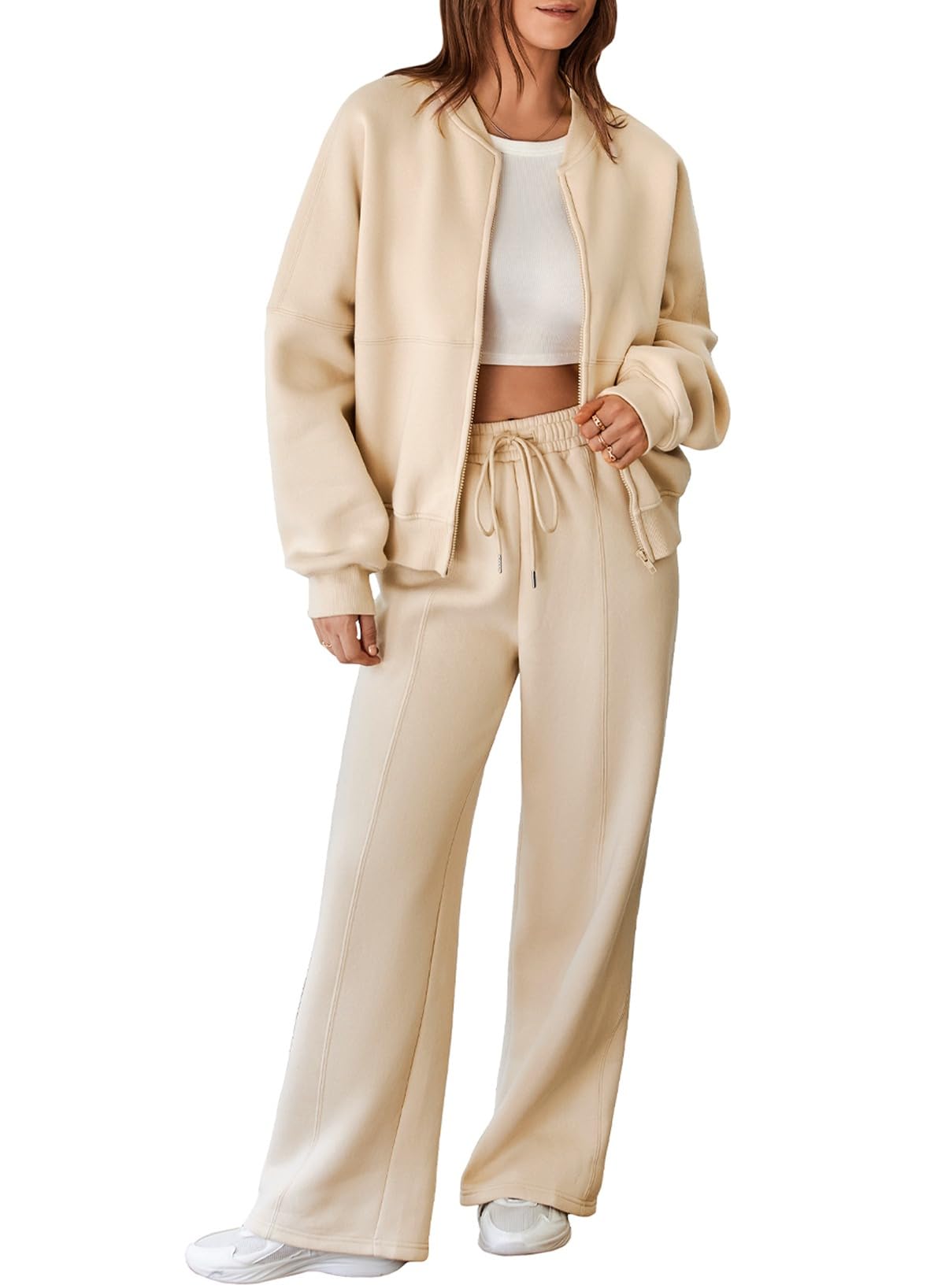 Aleumdr Women's 2 Piece Outfits Oversized Fleece Sweatsuit Zip Up Long Sleeve Sweatshirt with Wide Leg Sweatpants
