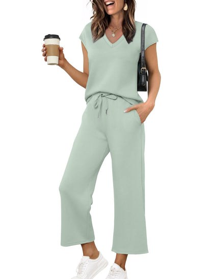 Saloogoe Two Piece Sets for Women Summer Outfits Lounge Sets V Neck Tops Wide Leg Pants Woman Vacation Travel Outfits