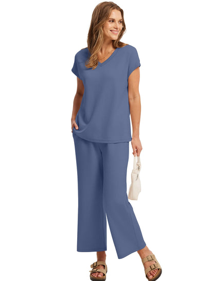 Saloogoe Two Piece Sets for Women Summer Outfits Lounge Sets V Neck Tops Wide Leg Pants Woman Vacation Travel Outfits