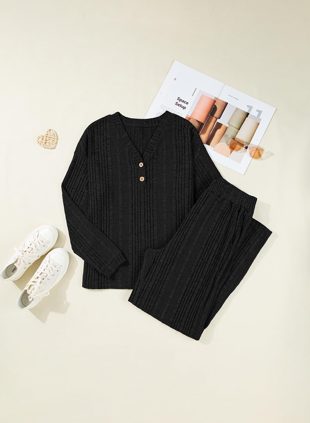 Dokotoo 2 Piece Lounge Sets for Women Ribbed Knit Button V Neck Long Sleeve Tops Matching Pants Pajamas Set 2025 Fall Outfits