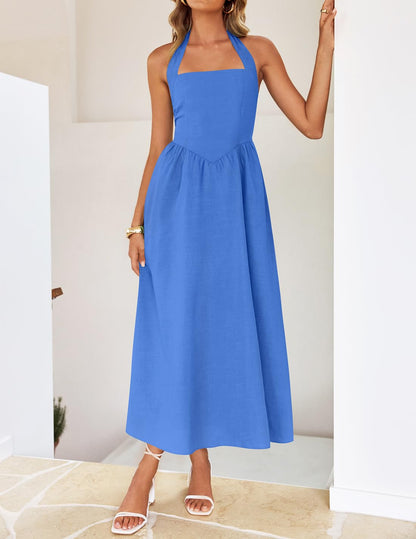 ZESICA Women's Summer Sleeveless Halter Midi Dress 2025 Off Shoulder High Waist Swing Flowy Beach Long Dresses