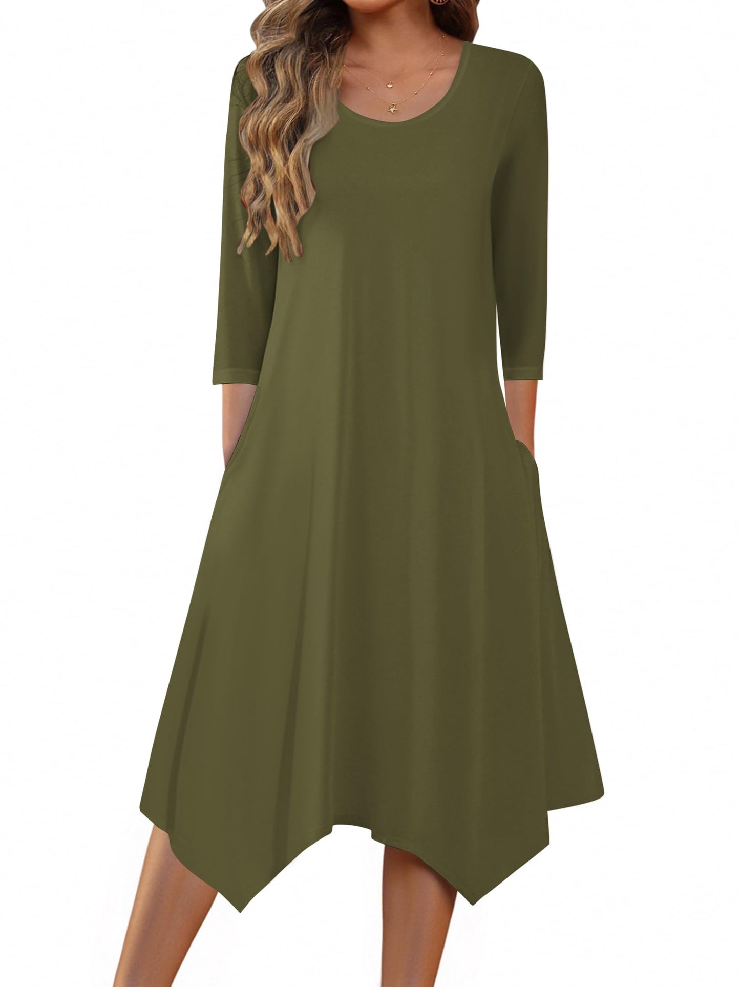 Zeagoo Midi Women 3/4 Sleeve Dress Casual Dresses with Pockets 2025 Fall A Line Dress Elegant Formal Modest Dresses