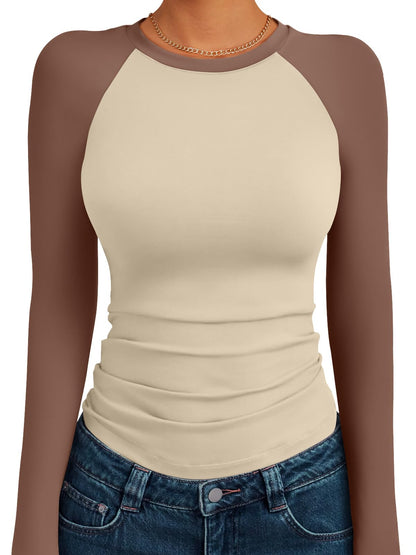 Trendy Queen Women's Long Sleeve Shirts Slim Fit Stretchy Color Block Slightly Cropped Tops