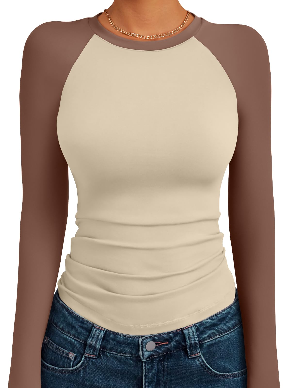 Trendy Queen Women's Long Sleeve Shirts Slim Fit Stretchy Color Block Slightly Cropped Tops