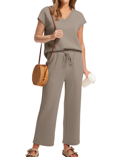Saloogoe Two Piece Sets for Women Summer Outfits Lounge Sets V Neck Tops Wide Leg Pants Woman Vacation Travel Outfits