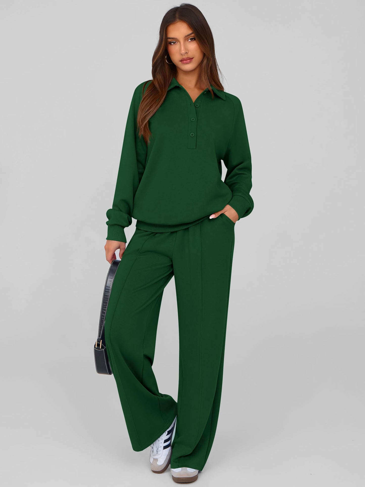 PRETTYGARDEN Women Fall 2 Piece Outfits Sweatsuits Quarter Button Long Sleeve Sweatshirt Wide Leg Pants Tracksuit Lounge Sets