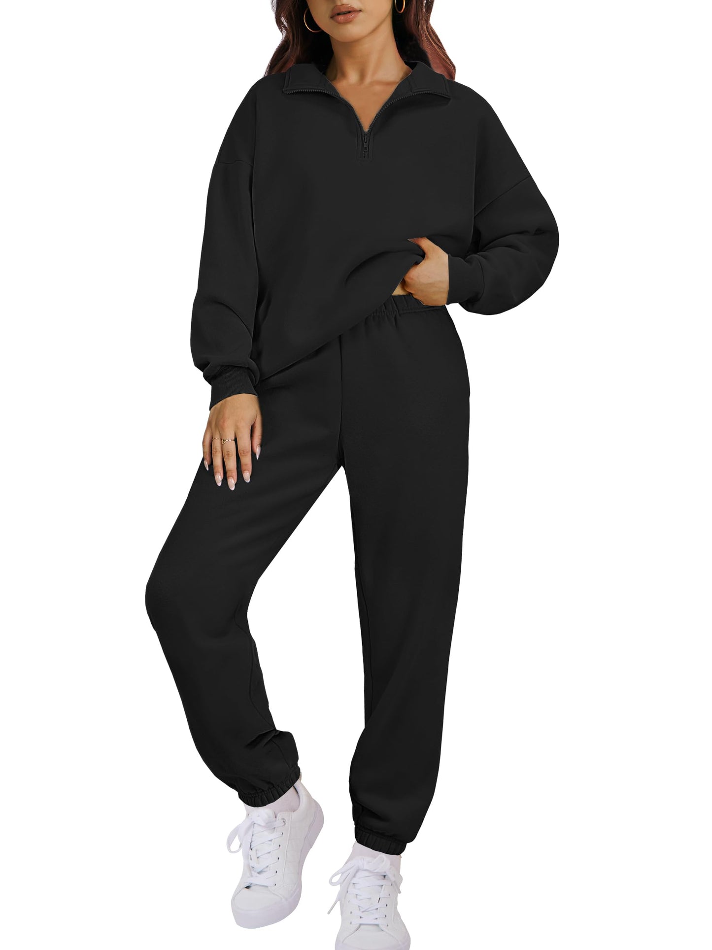 ANRABESS Women 2 Piece Outfits Sweatsuit Oversized Half Zip Sweatshirt Jogger Sweatpants Tracksuit Lounge Set 2025 Clothes