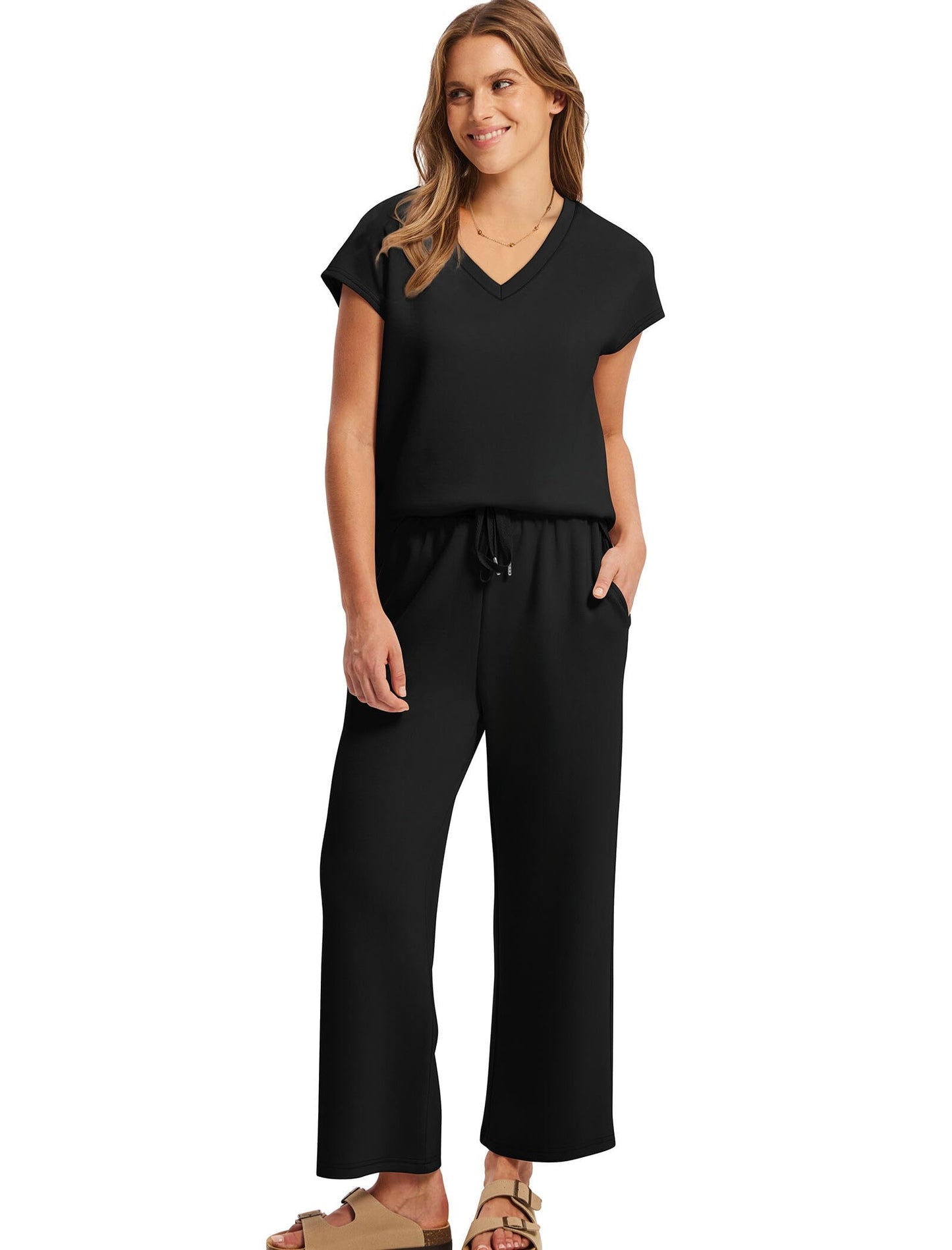 Saloogoe Two Piece Sets for Women Summer Outfits Lounge Sets V Neck Tops Wide Leg Pants Woman Vacation Travel Outfits