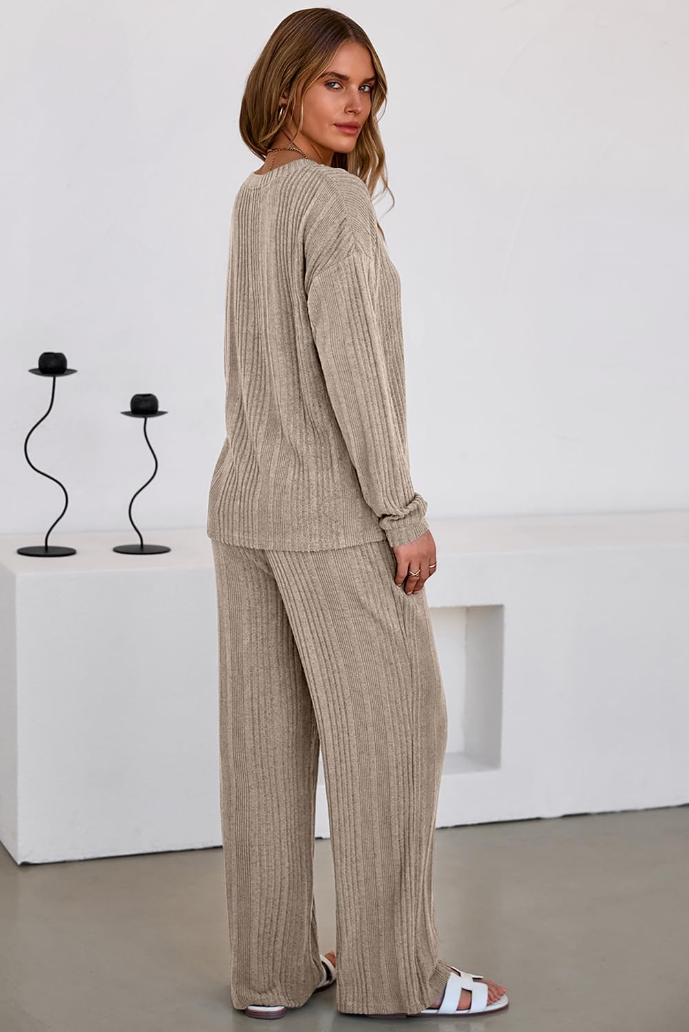 Dokotoo 2 Piece Lounge Sets for Women Ribbed Knit Button V Neck Long Sleeve Tops Matching Pants Pajamas Set 2025 Fall Outfits