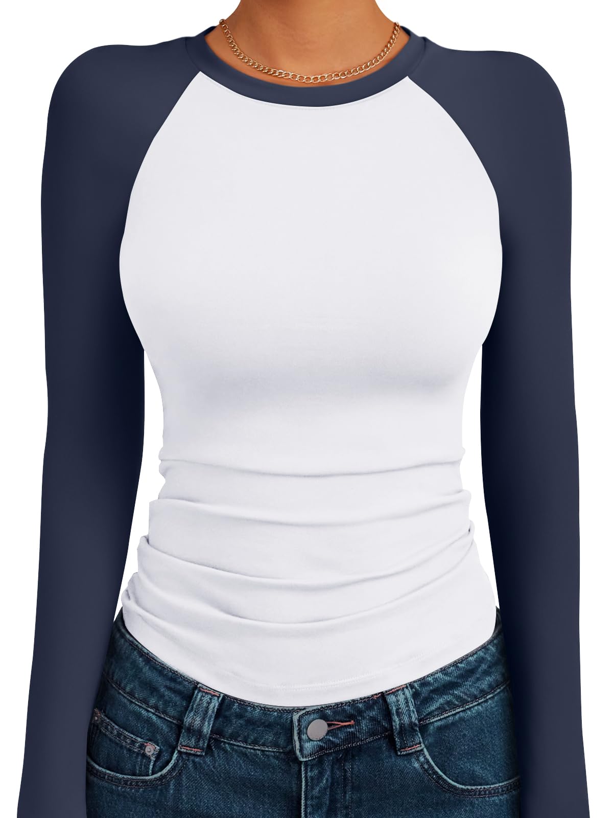 Trendy Queen Women's Long Sleeve Shirts Slim Fit Stretchy Color Block Slightly Cropped Tops
