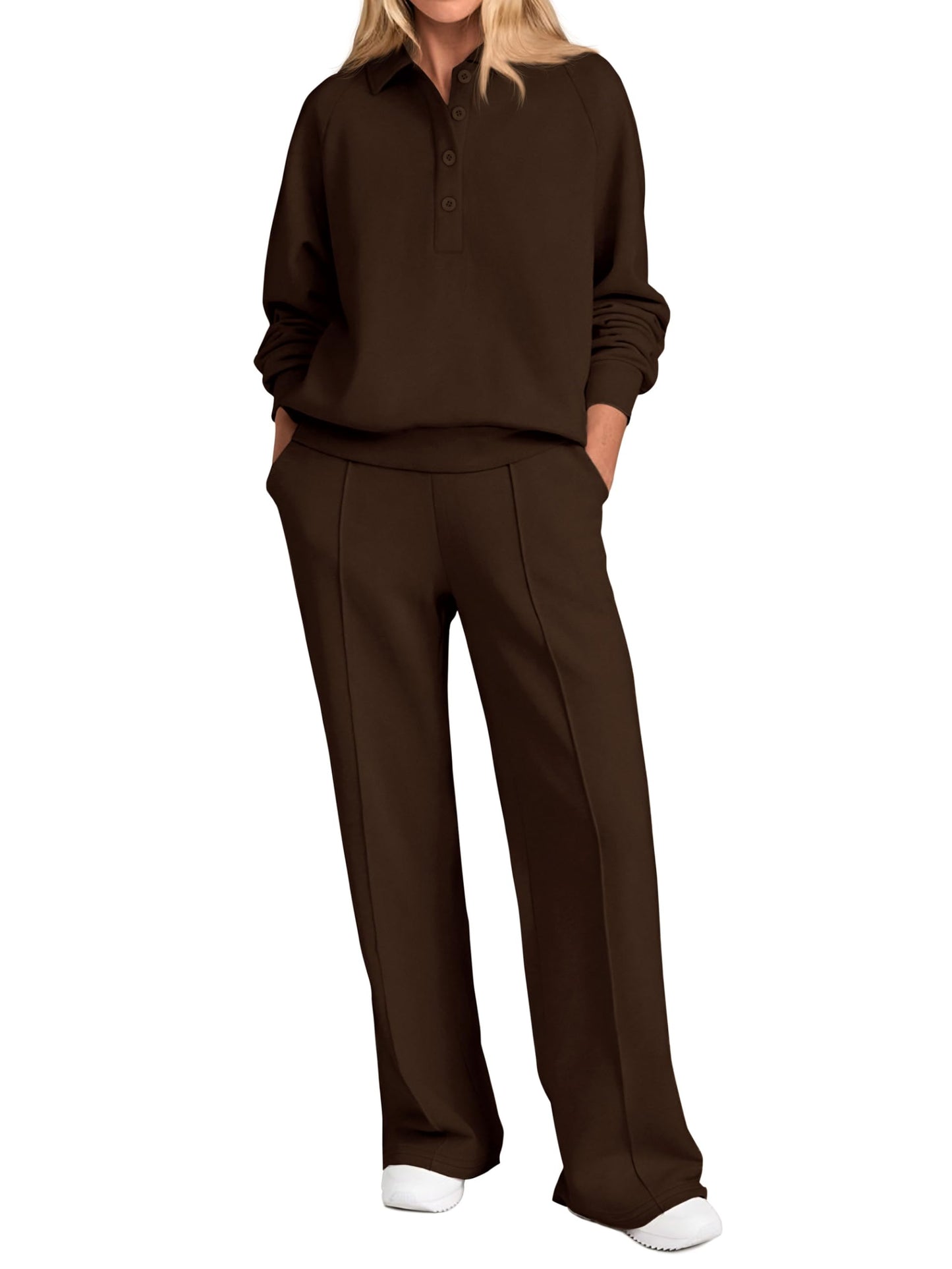 PRETTYGARDEN Women Fall 2 Piece Outfits Sweatsuits Quarter Button Long Sleeve Sweatshirt Wide Leg Pants Tracksuit Lounge Sets