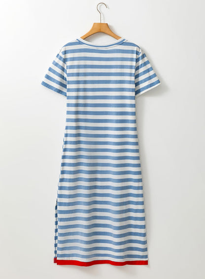 Dokotoo Summer Dress Casual Womens Fashion Short Sleeve Maxi Dress T Shirt Dress Striped Long Color Block Maxi Dress