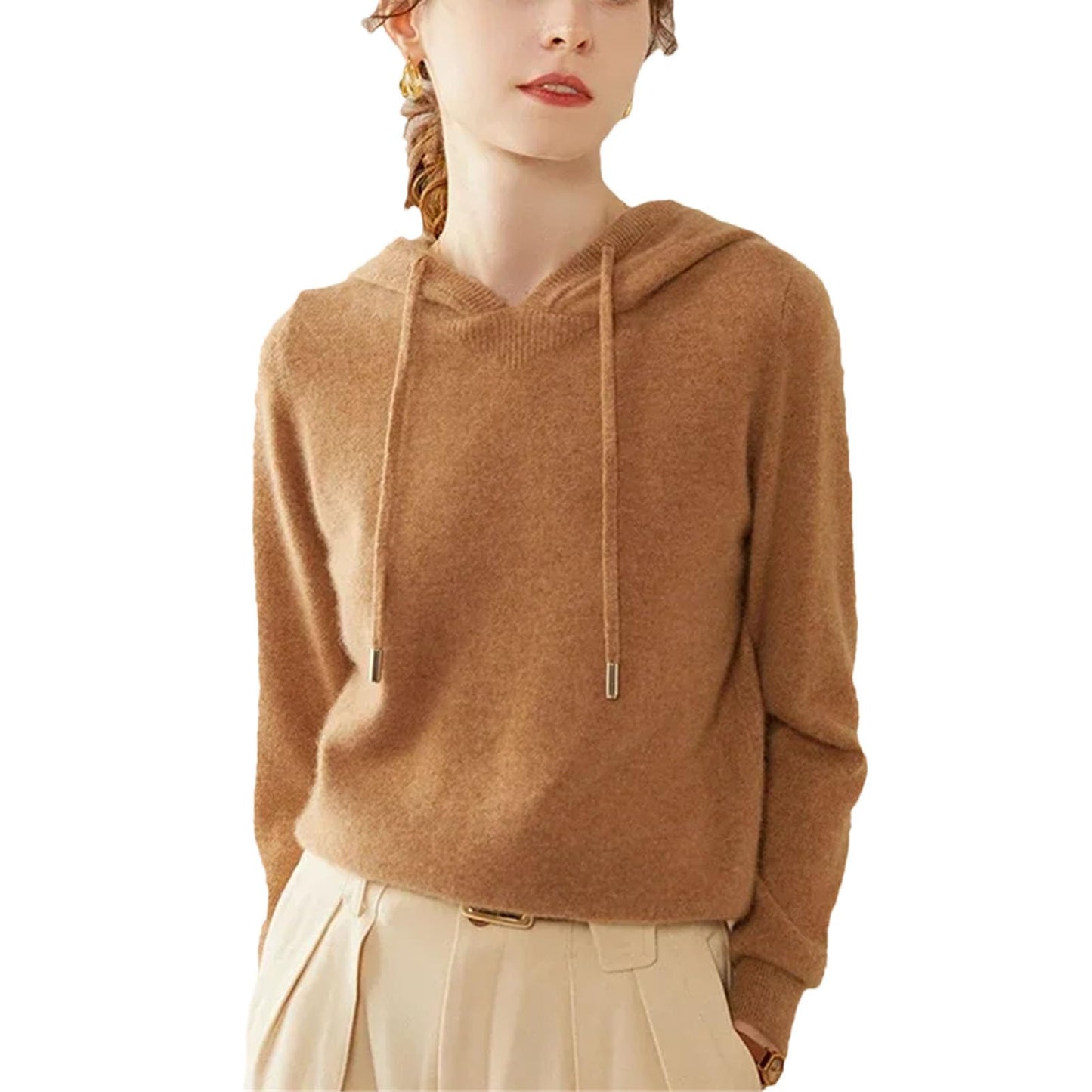 Women's 100 Percent Solid Cashmere Loose Hooded Sweater - Solid Color - Base Cashmere Hoodie