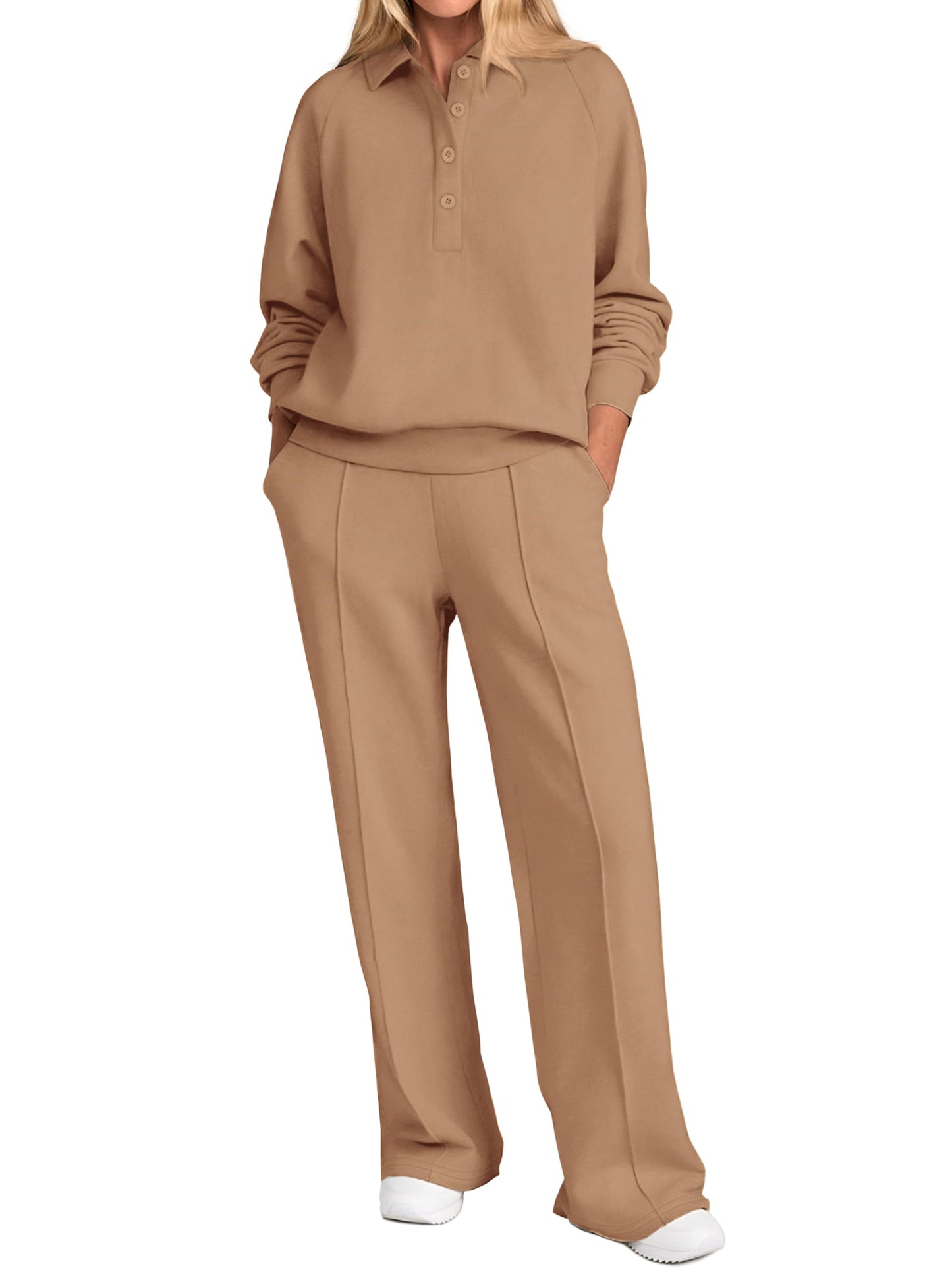 PRETTYGARDEN Women Fall 2 Piece Outfits Sweatsuits Quarter Button Long Sleeve Sweatshirt Wide Leg Pants Tracksuit Lounge Sets