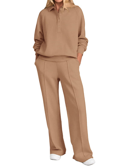 PRETTYGARDEN Women Fall 2 Piece Outfits Sweatsuits Quarter Button Long Sleeve Sweatshirt Wide Leg Pants Tracksuit Lounge Sets