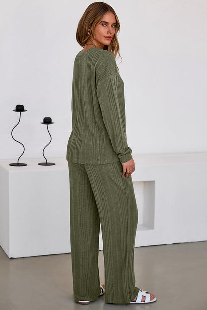 Dokotoo 2 Piece Lounge Sets for Women Ribbed Knit Button V Neck Long Sleeve Tops Matching Pants Pajamas Set 2025 Fall Outfits