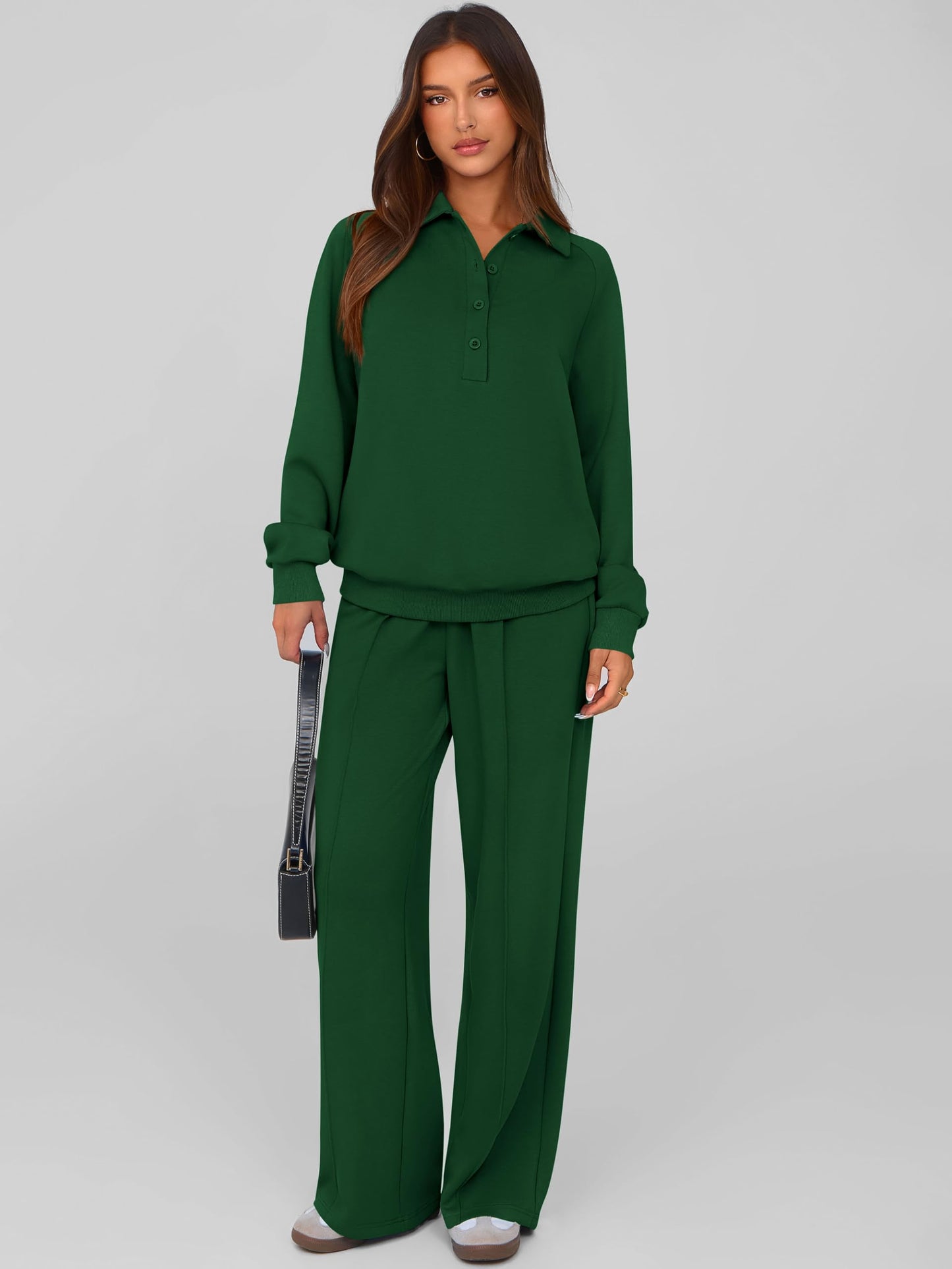 PRETTYGARDEN Women Fall 2 Piece Outfits Sweatsuits Quarter Button Long Sleeve Sweatshirt Wide Leg Pants Tracksuit Lounge Sets
