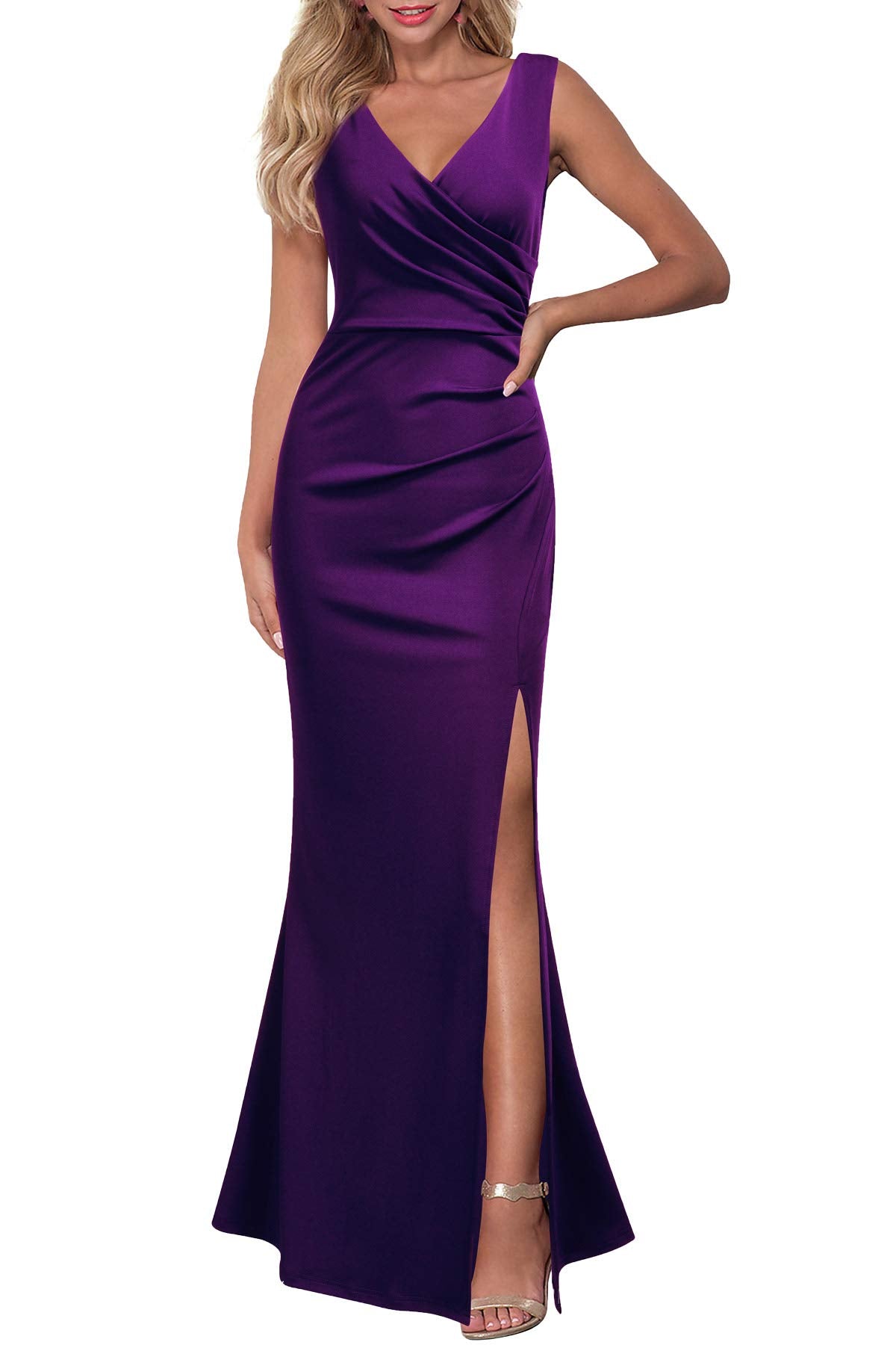 WOOSEA Women Sleeveless V Neck Split Evening Cocktail Long Dress