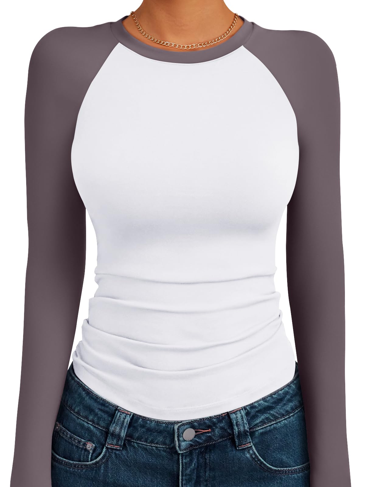 Trendy Queen Women's Long Sleeve Shirts Slim Fit Stretchy Color Block Slightly Cropped Tops