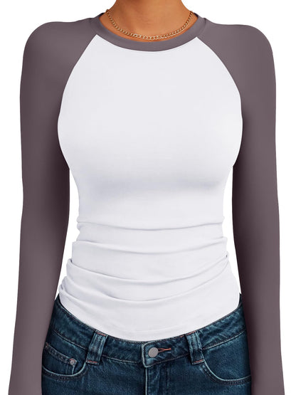 Trendy Queen Women's Long Sleeve Shirts Slim Fit Stretchy Color Block Slightly Cropped Tops