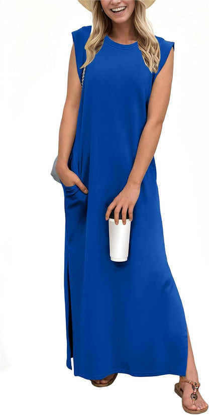 GRECERELLE 2025 Women Year-Round Casual Round Neck Loose Split Wrinkle-Free Long Maxi Vacation Dress with Pockets (XS-3XL)