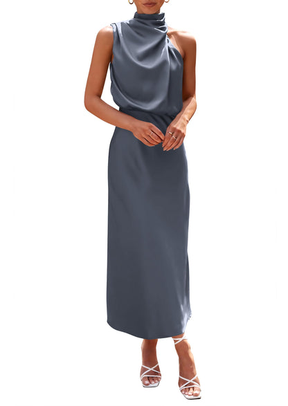 PRETTYGARDEN Women's 2025 Summer Satin Dress Elegant Sleeveless Mock Neck Cocktail Party Maxi Dresses