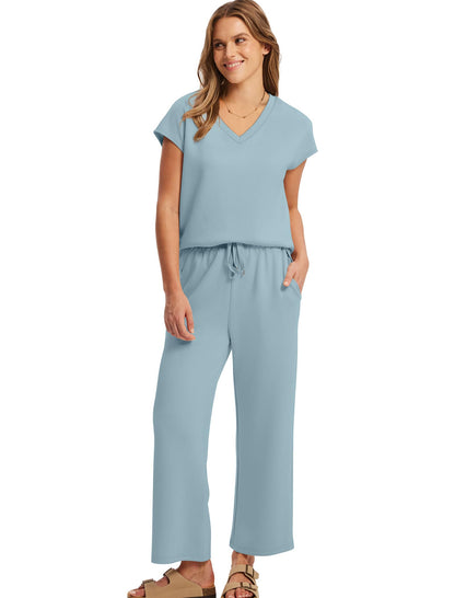 Saloogoe Two Piece Sets for Women Summer Outfits Lounge Sets V Neck Tops Wide Leg Pants Woman Vacation Travel Outfits