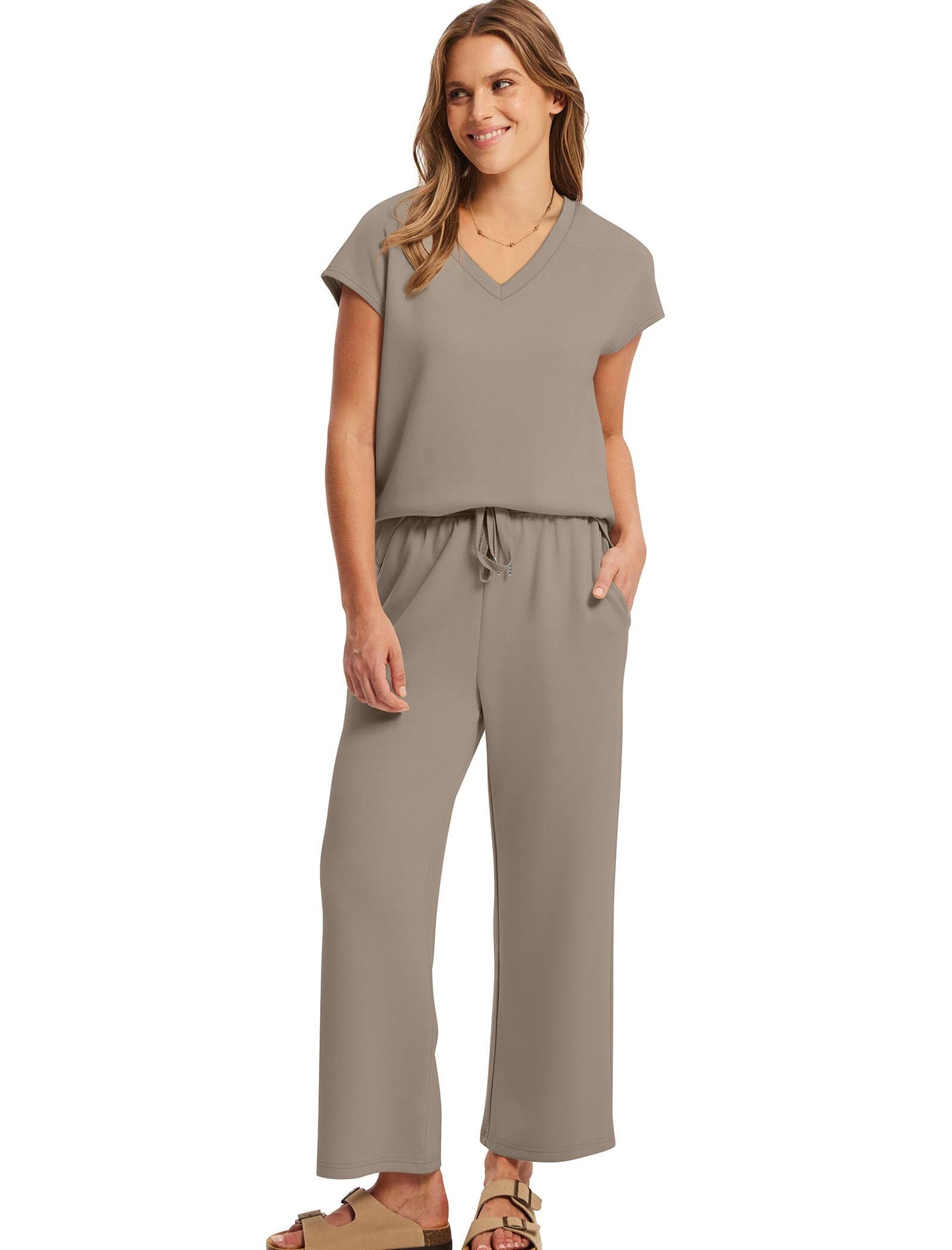 Saloogoe Two Piece Sets for Women Summer Outfits Lounge Sets V Neck Tops Wide Leg Pants Woman Vacation Travel Outfits