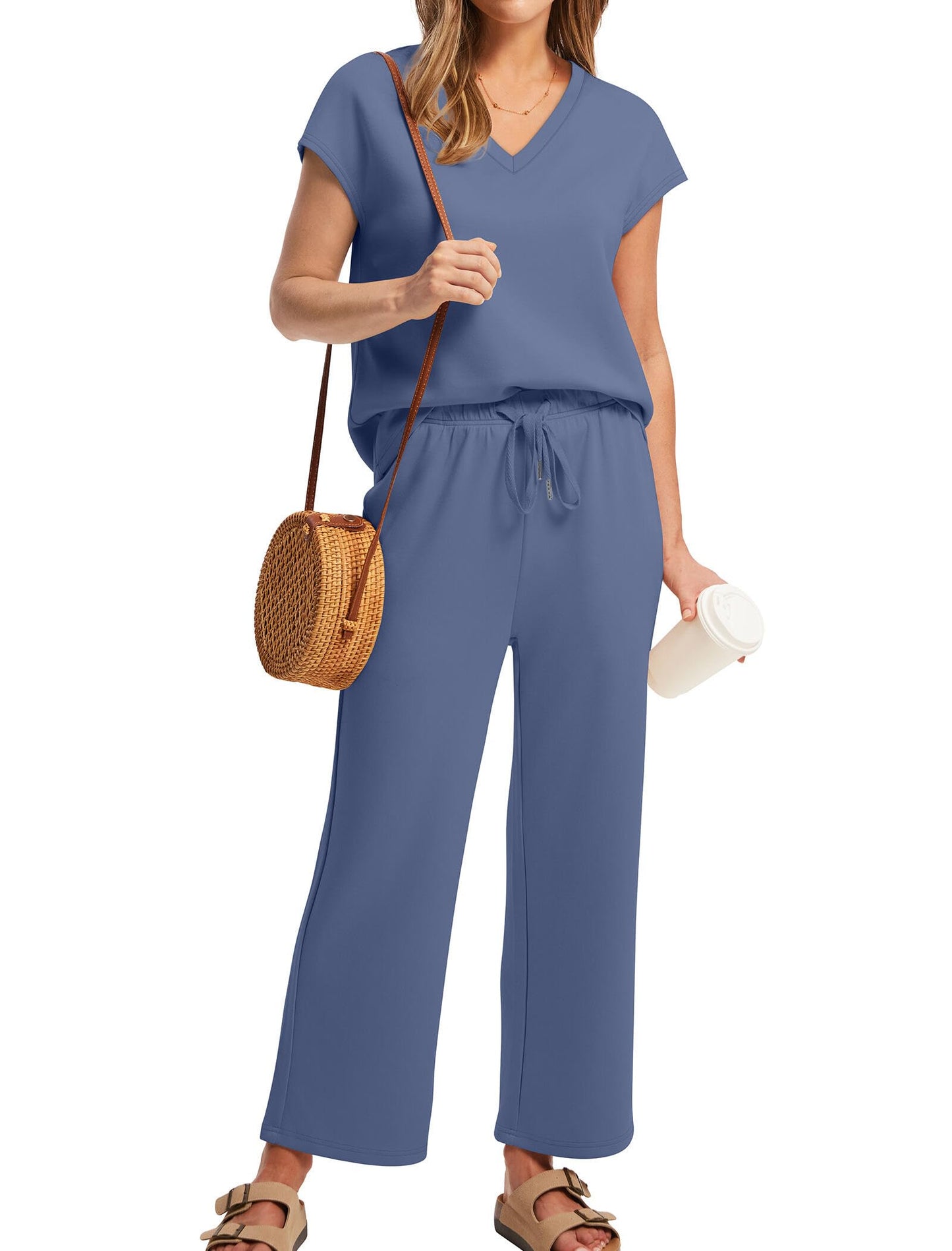Saloogoe Two Piece Sets for Women Summer Outfits Lounge Sets V Neck Tops Wide Leg Pants Woman Vacation Travel Outfits