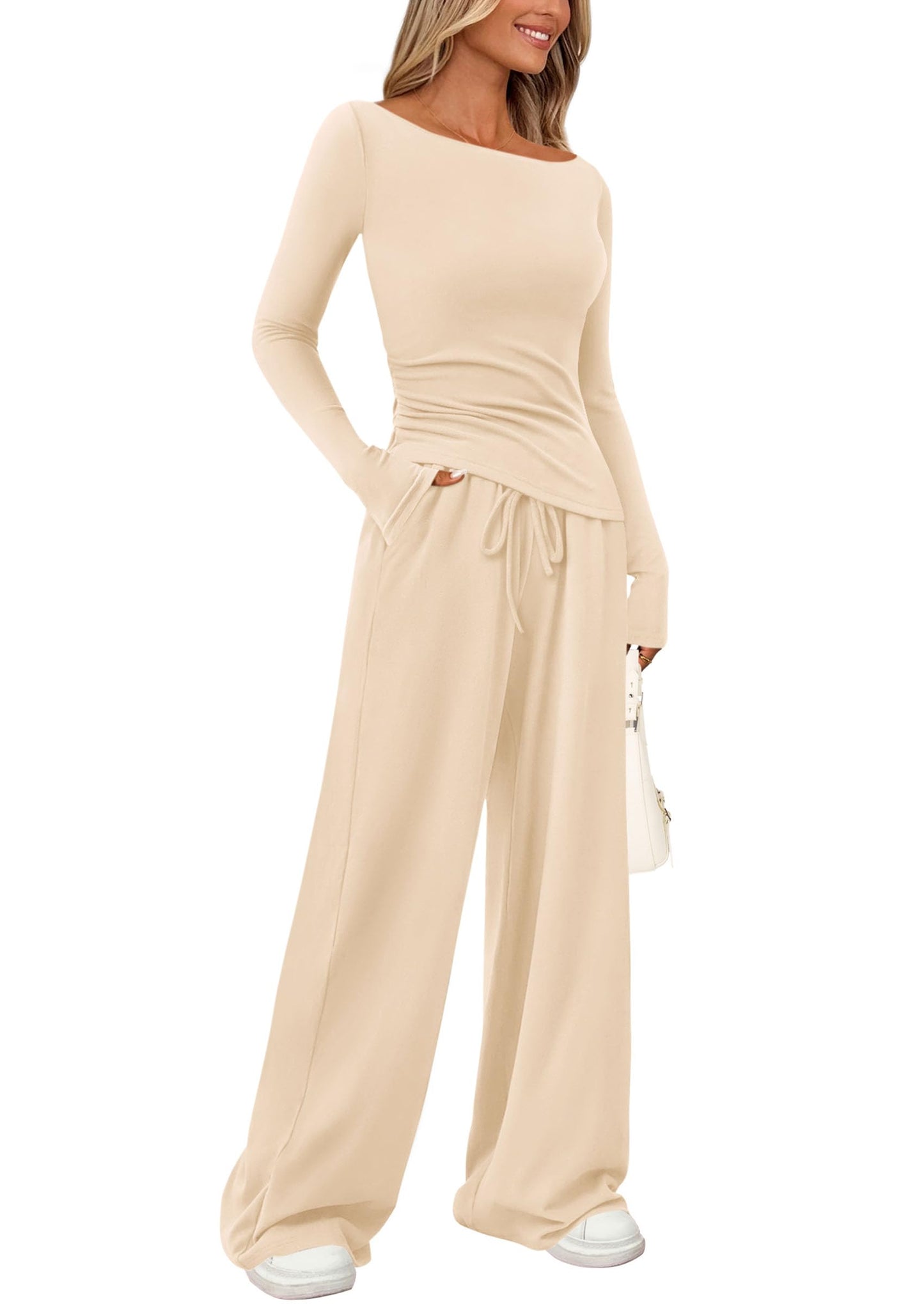 PRETTYGARDEN Women's 2 Piece Lounge Sets Asymmetrical Long Sleeve T Shirt Wide Leg Pants Casual Outfits Tracksuit