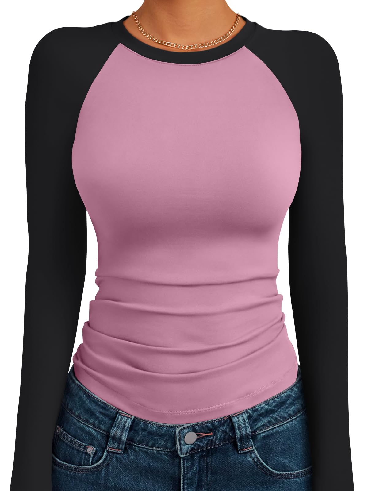 Trendy Queen Women's Long Sleeve Shirts Slim Fit Stretchy Color Block Slightly Cropped Tops