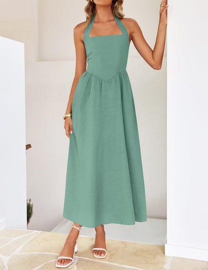 ZESICA Women's Summer Sleeveless Halter Midi Dress 2025 Off Shoulder High Waist Swing Flowy Beach Long Dresses