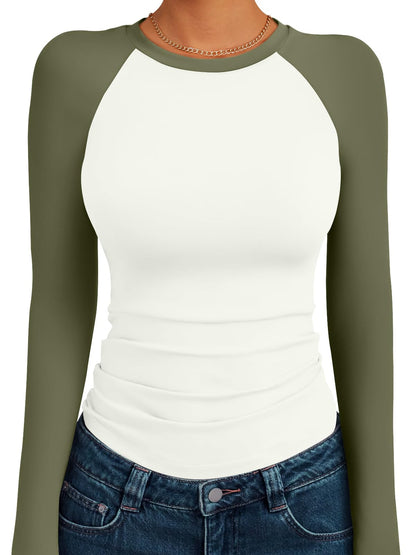 Trendy Queen Women's Long Sleeve Shirts Slim Fit Stretchy Color Block Slightly Cropped Tops