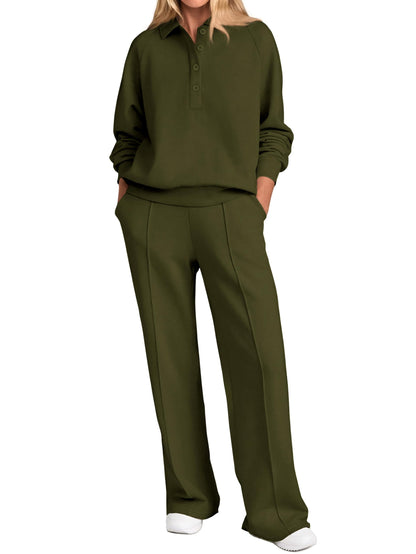 PRETTYGARDEN Women Fall 2 Piece Outfits Sweatsuits Quarter Button Long Sleeve Sweatshirt Wide Leg Pants Tracksuit Lounge Sets