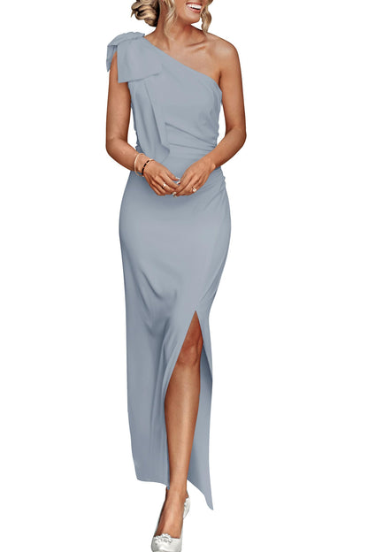 PRETTYGARDEN Women's Summer One Shoulder Long Formal Dresses Sleeveless Ruched Bodycon Wedding Guest Slit Maxi Dress