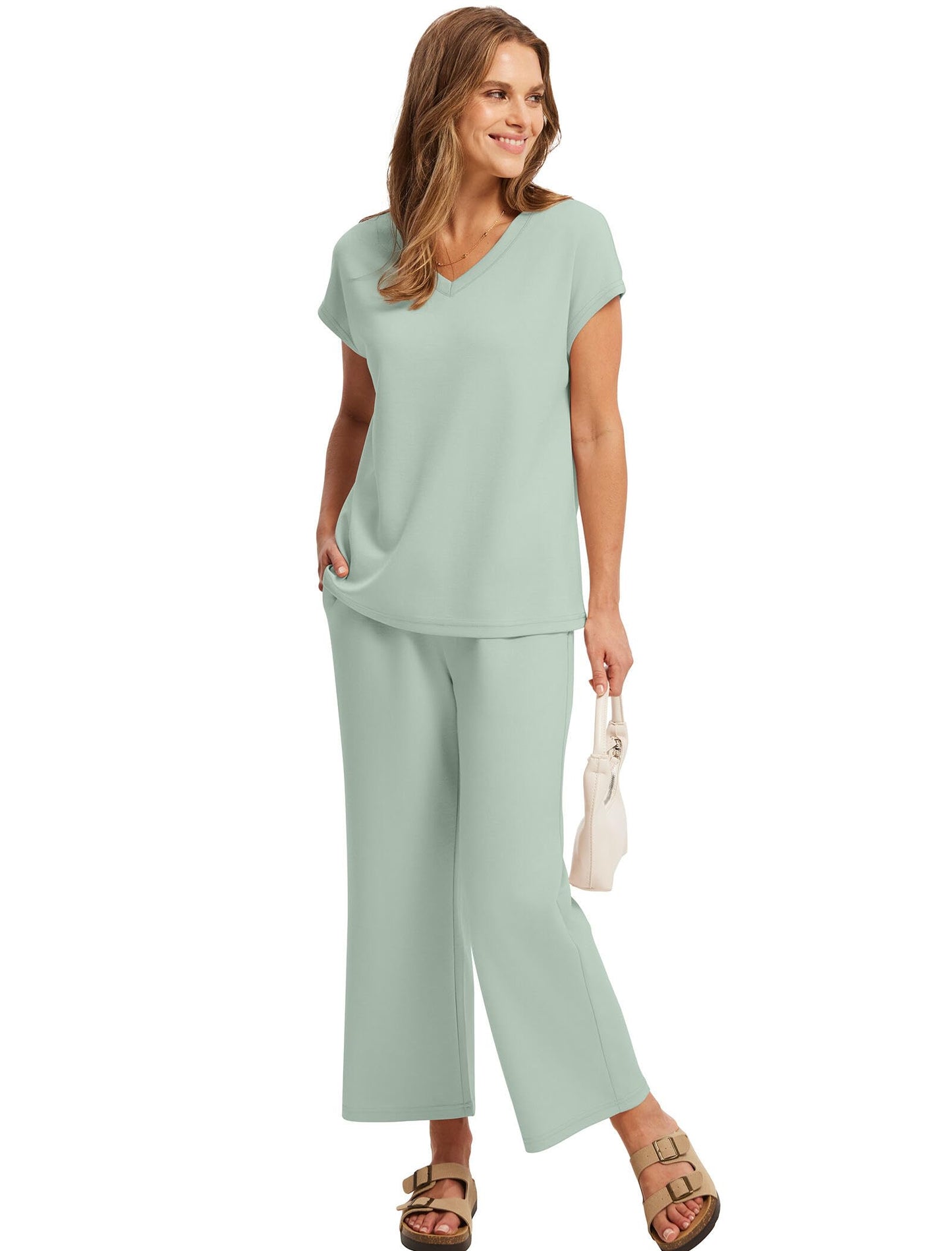 Saloogoe Two Piece Sets for Women Summer Outfits Lounge Sets V Neck Tops Wide Leg Pants Woman Vacation Travel Outfits