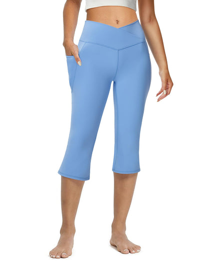 Women's Flare Leggings with Pockets-Crossover High Waisted Bootcut Yoga Pants-Tummy Control Bell Bottom Leggings