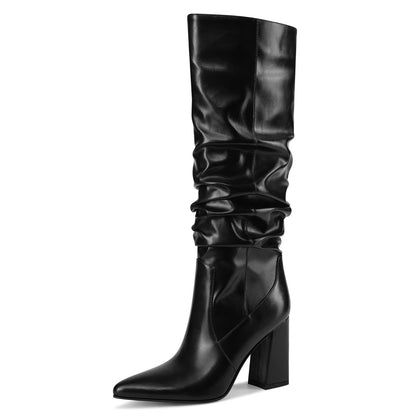 Women's Knee High Boots Slouch Pointed Toe Tall Block Heel Boots Pull On Fall Boots for Women