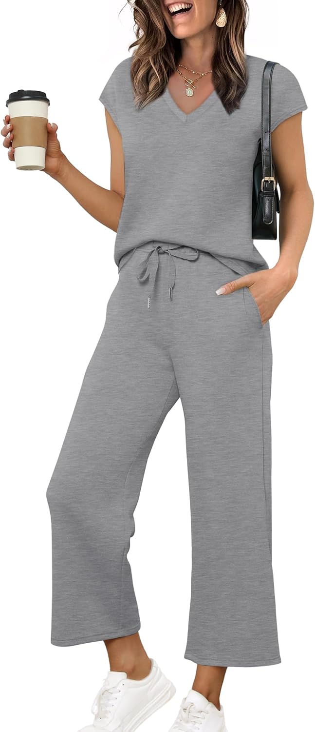 Saloogoe Two Piece Sets for Women Summer Outfits Lounge Sets V Neck Tops Wide Leg Pants Woman Vacation Travel Outfits