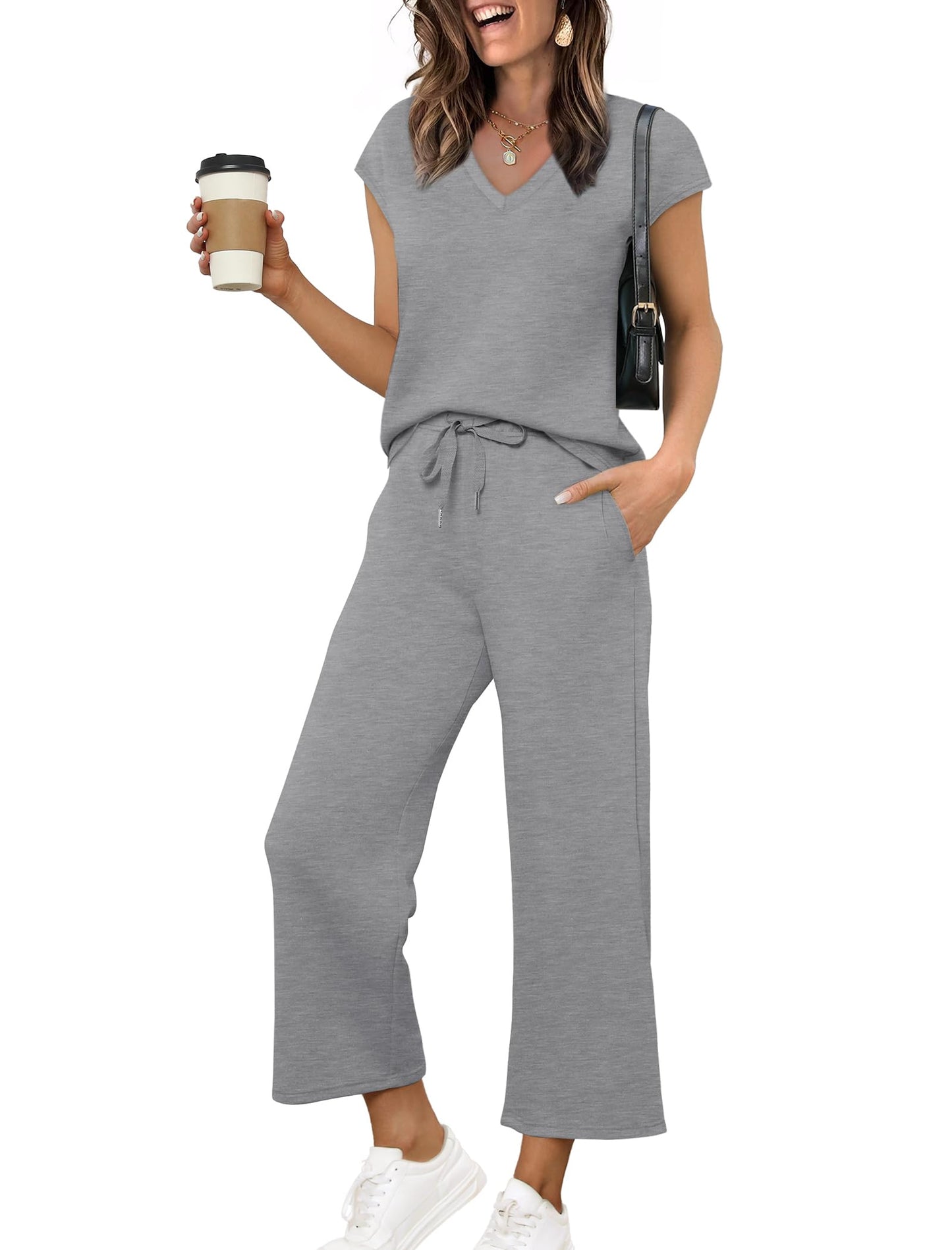 Saloogoe Two Piece Sets for Women Summer Outfits Lounge Sets V Neck Tops Wide Leg Pants Woman Vacation Travel Outfits