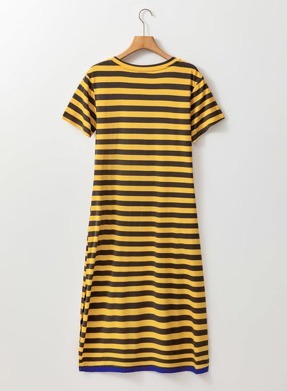Dokotoo Summer Dress Casual Womens Fashion Short Sleeve Maxi Dress T Shirt Dress Striped Long Color Block Maxi Dress