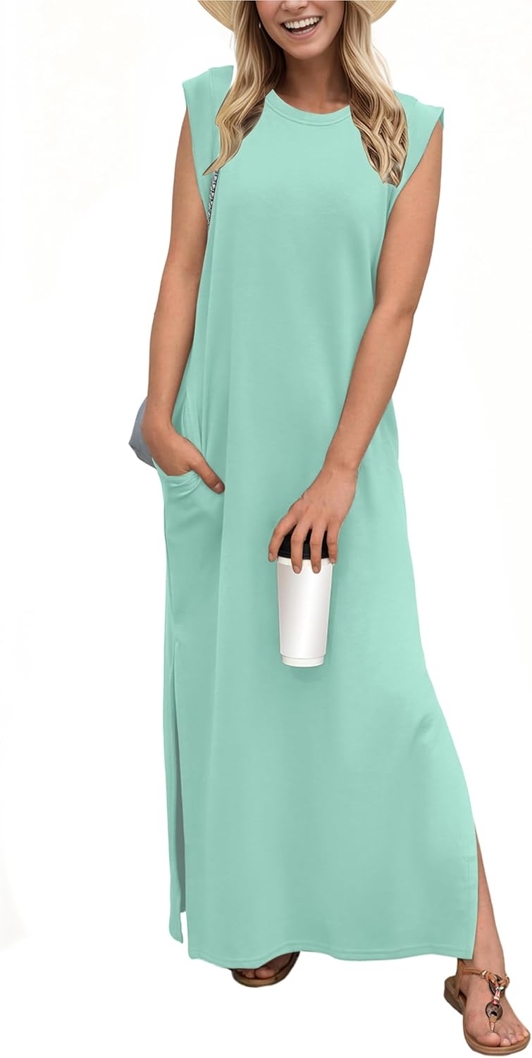 GRECERELLE 2025 Women Year-Round Casual Round Neck Loose Split Wrinkle-Free Long Maxi Vacation Dress with Pockets (XS-3XL)