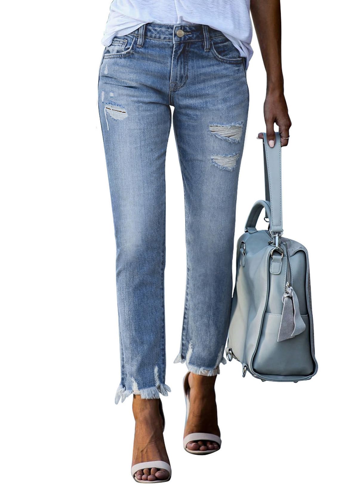 Sidefeel Women's Ripped Jeans Straight Leg Distressed Boyfriend Denim Pants