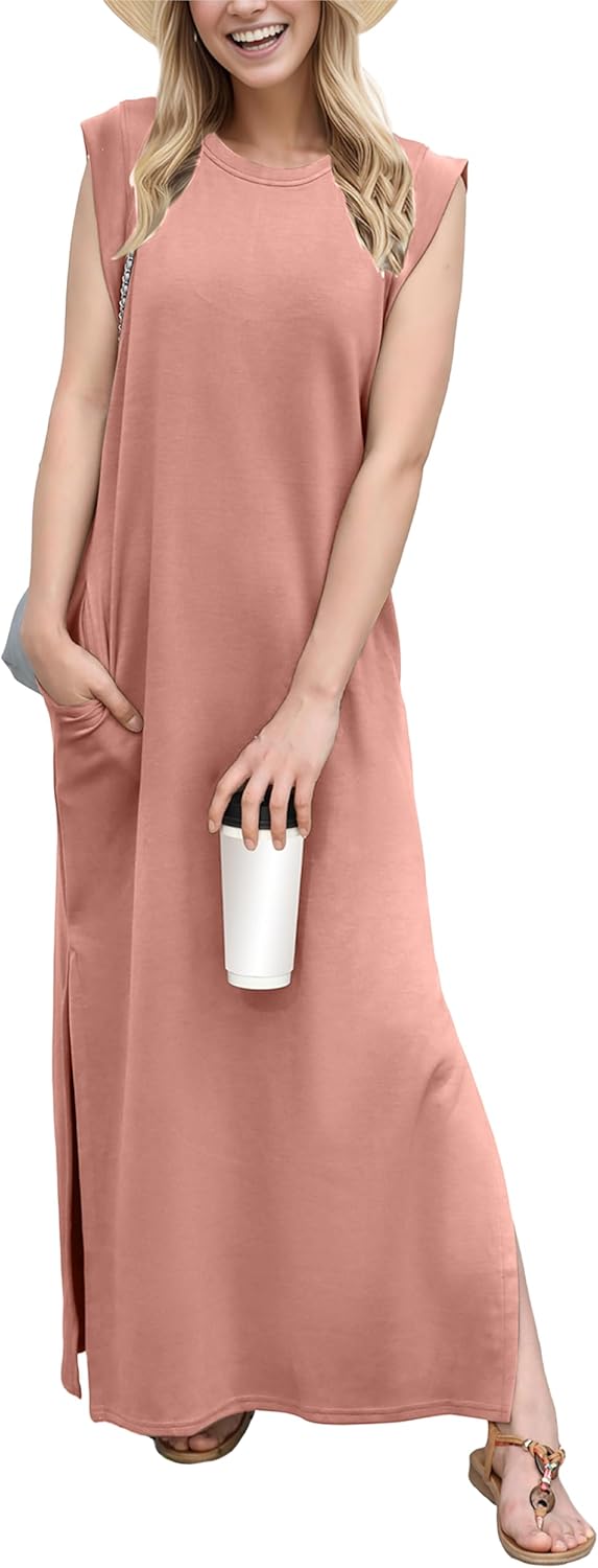 GRECERELLE 2025 Women Year-Round Casual Round Neck Loose Split Wrinkle-Free Long Maxi Vacation Dress with Pockets (XS-3XL)
