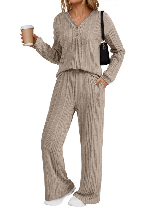 Dokotoo 2 Piece Lounge Sets for Women Ribbed Knit Button V Neck Long Sleeve Tops Matching Pants Pajamas Set 2025 Fall Outfits
