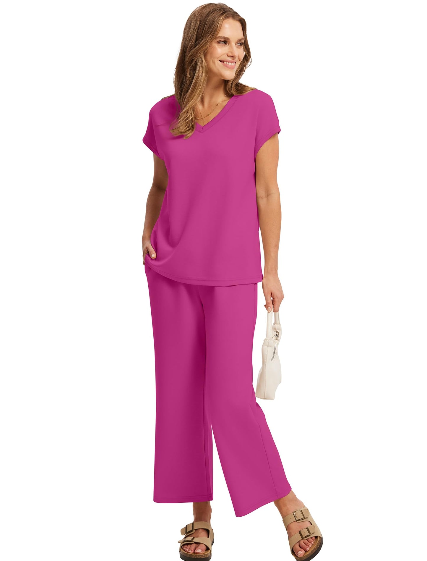 Saloogoe Two Piece Sets for Women Summer Outfits Lounge Sets V Neck Tops Wide Leg Pants Woman Vacation Travel Outfits