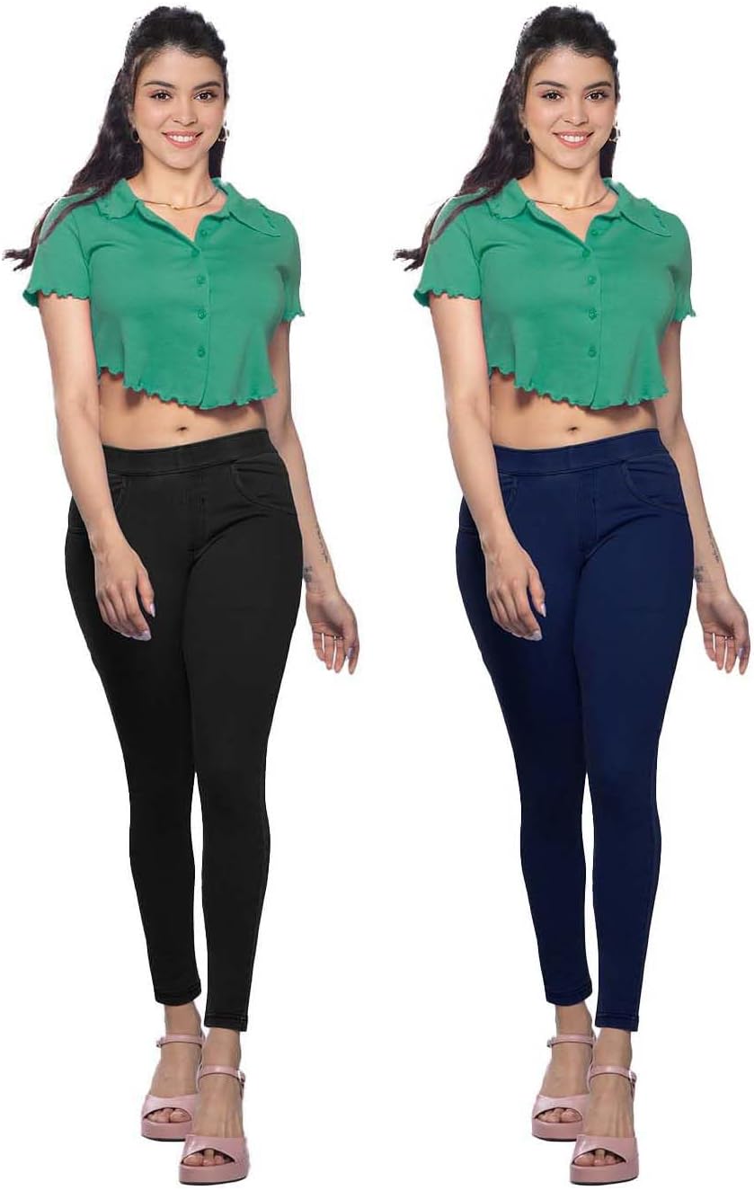 Lyra Cotton Knitted Women's Jeggings with Pockets | Comfortable Stylish Casual Pant | Trendy Slim-Fit Trousers - Pack of 2