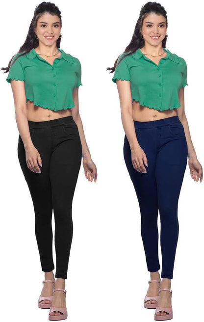 Lyra Cotton Knitted Women's Jeggings with Pockets | Comfortable Stylish Casual Pant | Trendy Slim-Fit Trousers - Pack of 2